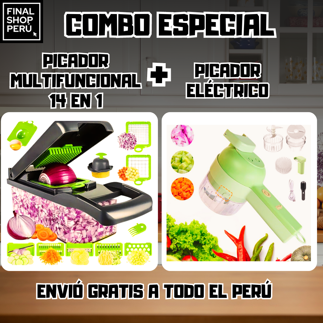 COMBO COCINA (PICADOR MULTIFUNCIONAL 14 EN 1 + PICADOR ELÉCTRICO)